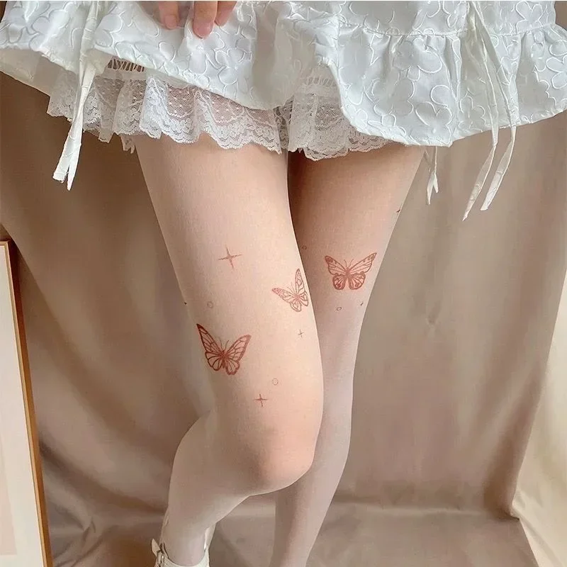 Y2k meias de cor de pele para mulheres borboleta vermelha coxas meias lolita tatuagem impressa borboleta fashionstockings