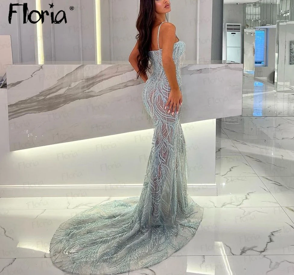 Illusion 2023 Beading Party Dress Spaghetti Straps Luxury Prom Dresses Celebrity Influencer Dress Custom Made Dubai  Robe Soirée