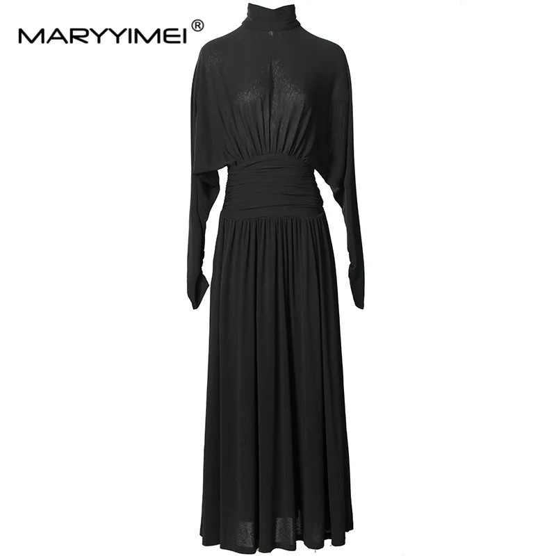 MARYYIMEI Autumn Winter Women\'s Dress Turtleneck Long Sleeved Design High Waiste Vintage Solid Color Dress