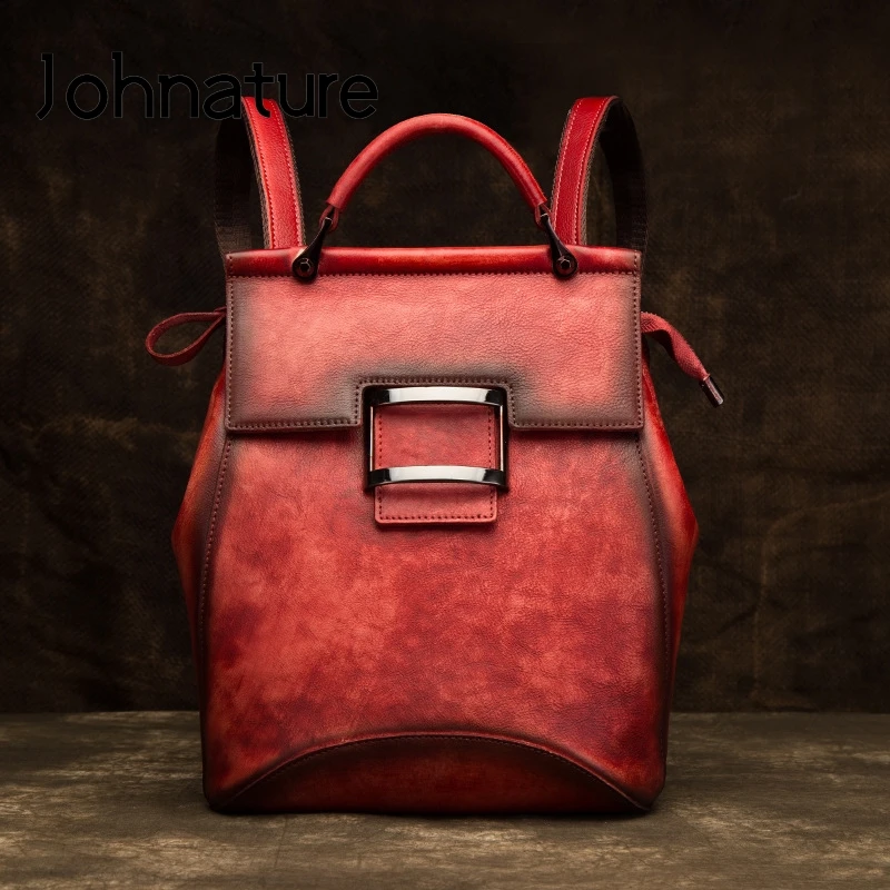 Johnature 2024 New Retro Genuine Leather Bag Solid Color Backpack Handmade Cowhide Large Capacity Women Backpacks Travel Bags