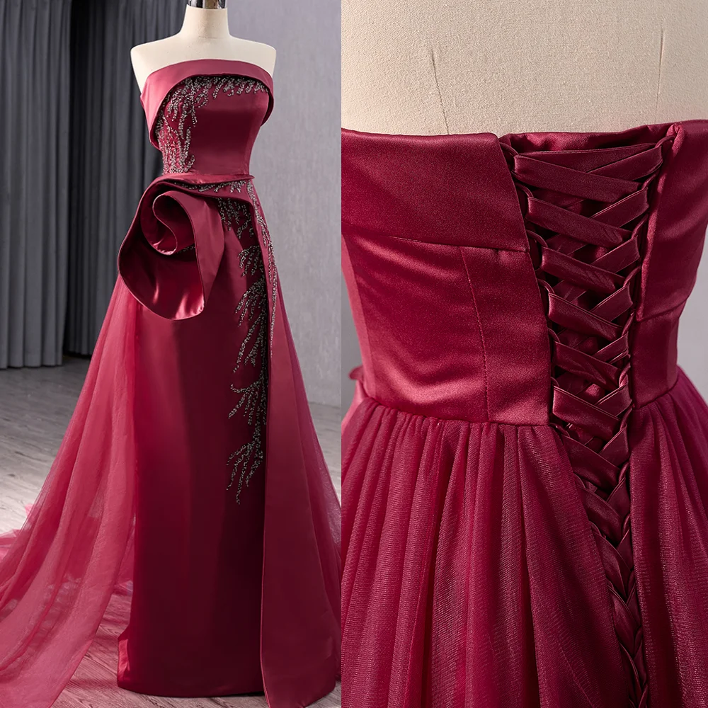 Satin Rhinestone Handmade Flower Birthday A-line Strapless Bespoke Occasion Gown Long Dresses