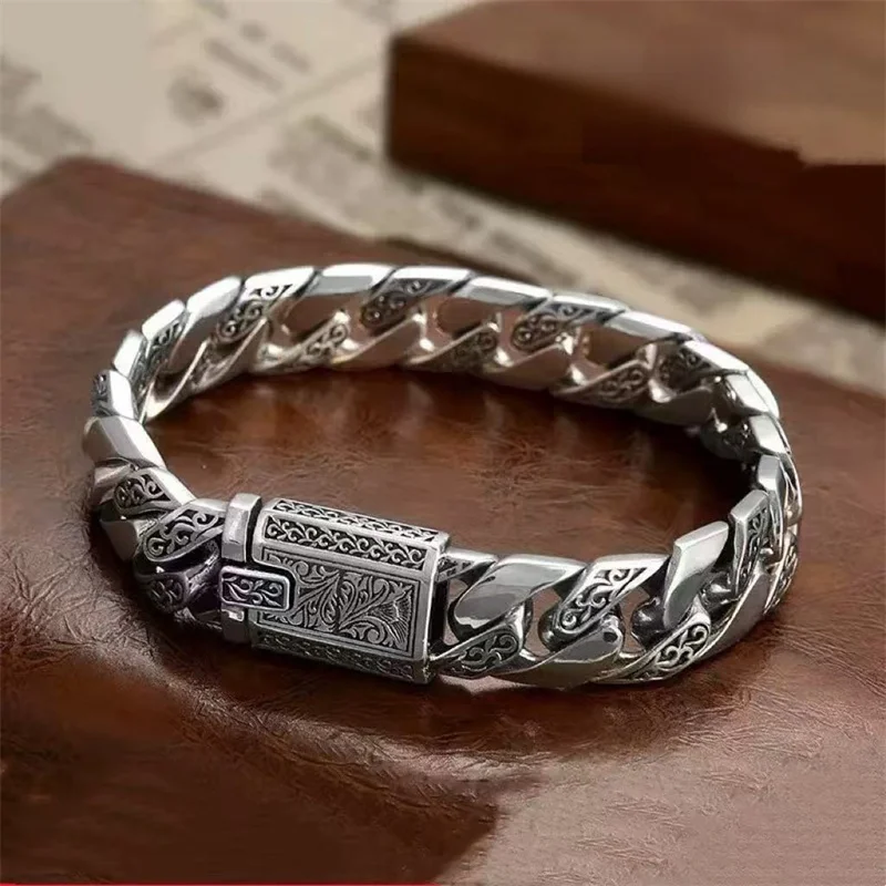 OUYADI Vintage Stainless Steel Men Bracelet, Eternal Vines Engraved Heavy Cuban Chain Statement Jewelry Gift Wholesale
