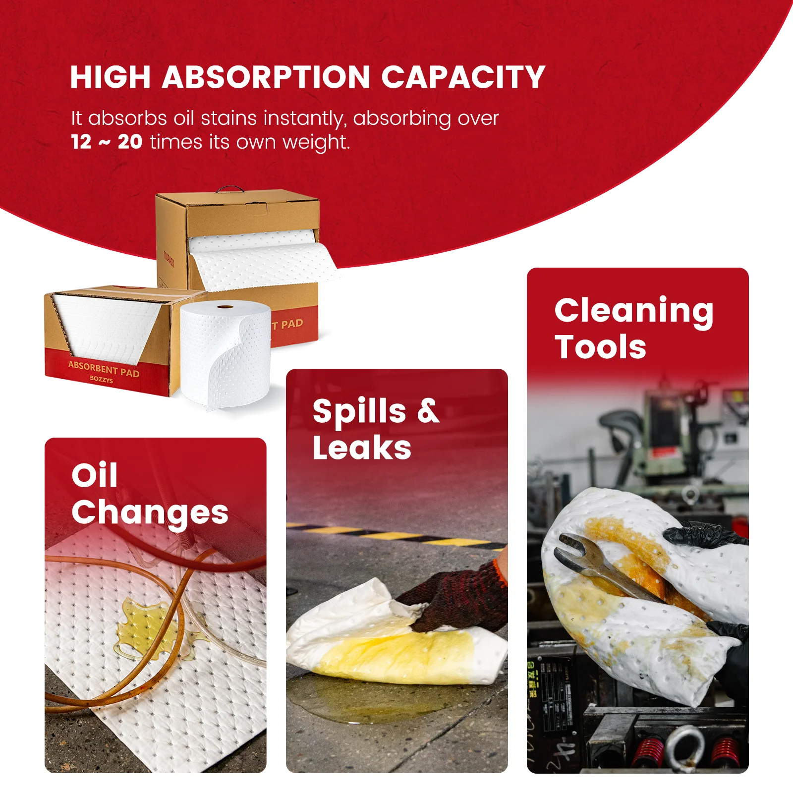 وسادات ماصة للزيت الأبيض من BOZZYS لمحطات الوقود وورش العمل البحرية وطارد المياه الصناعية بسعة 108 لتر 100 قطعة لكل صندوق