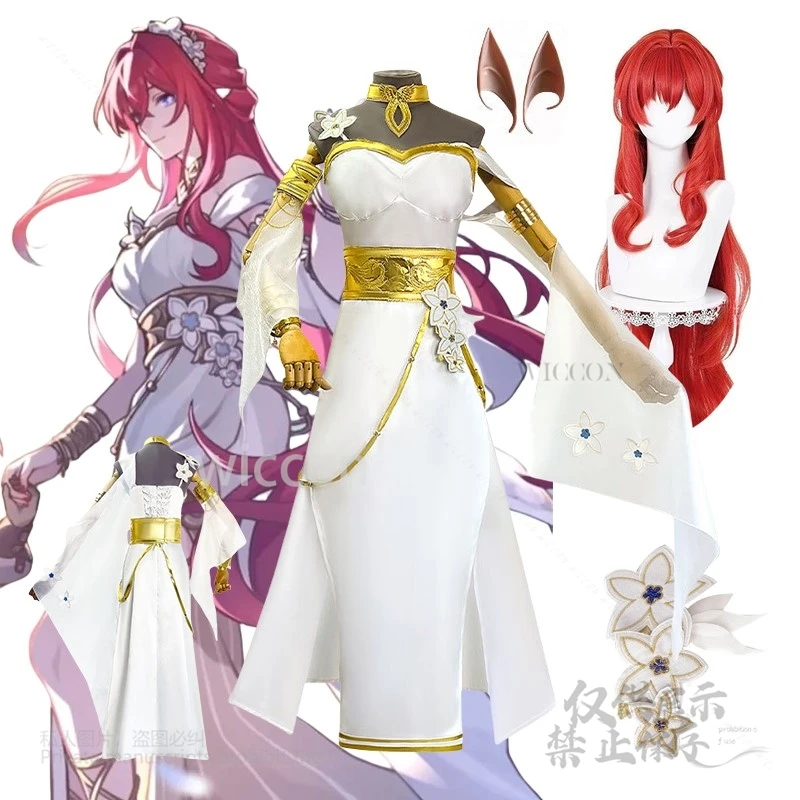 

Anime Game Honkai Star Rail Cosplay Tribios Costume Big Tribbie Red Wigs White Long Dress Gold Accesory Props Female Halloween