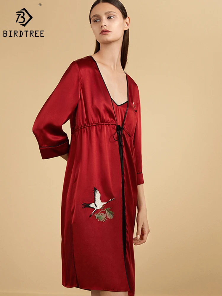 BirdTree 100%Mulberry Silk Elegant Nightgown,Women's Embroidery Silky Comfortable Breathable Robe,2024 Spring Summer P41928QD