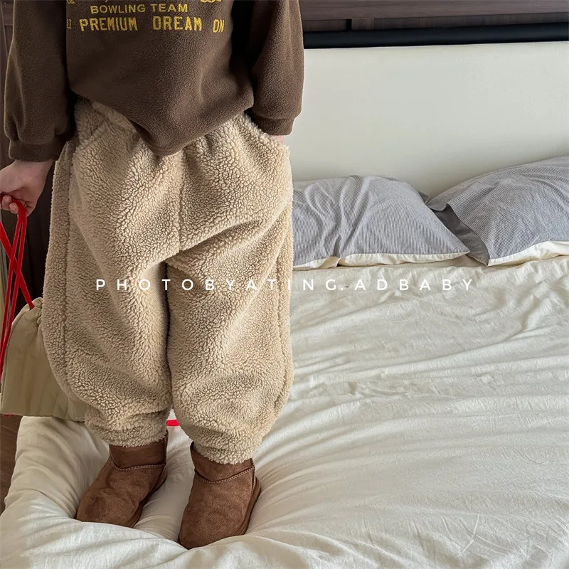 2024 Winter New Children Lamb Cashmere Trousers Girls Fleece Warm Pants Boys Casual Pants Plus Velvet Thick Kids Harem Pants