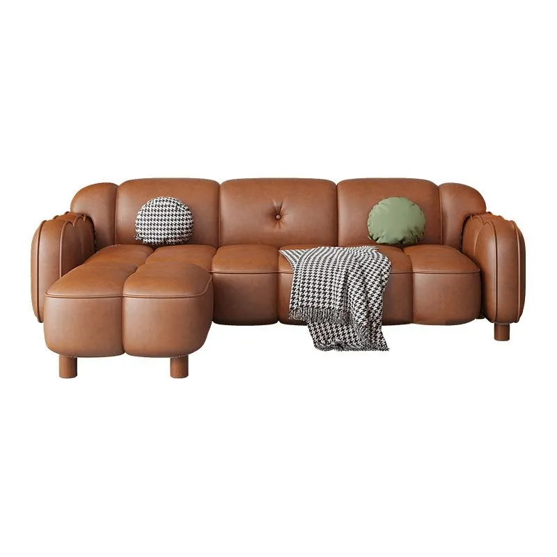 French retro oil wax leather sofa, three-person small apartment living room light luxury simple straight row sofa