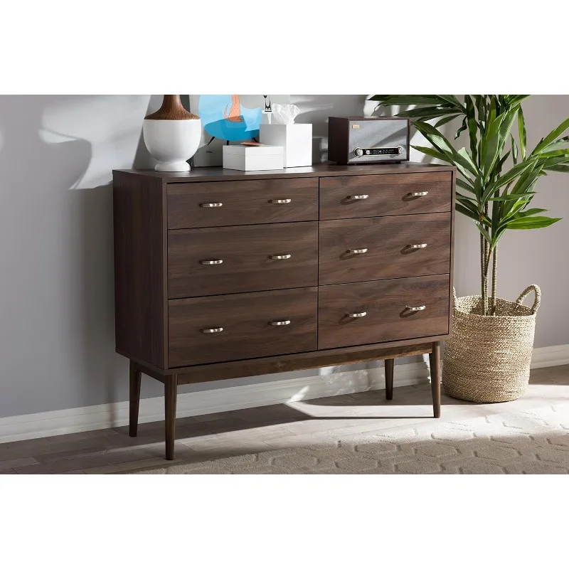 Sharon Mid-Century moderno Walnut Brown terminou cômoda, 6 gavetas