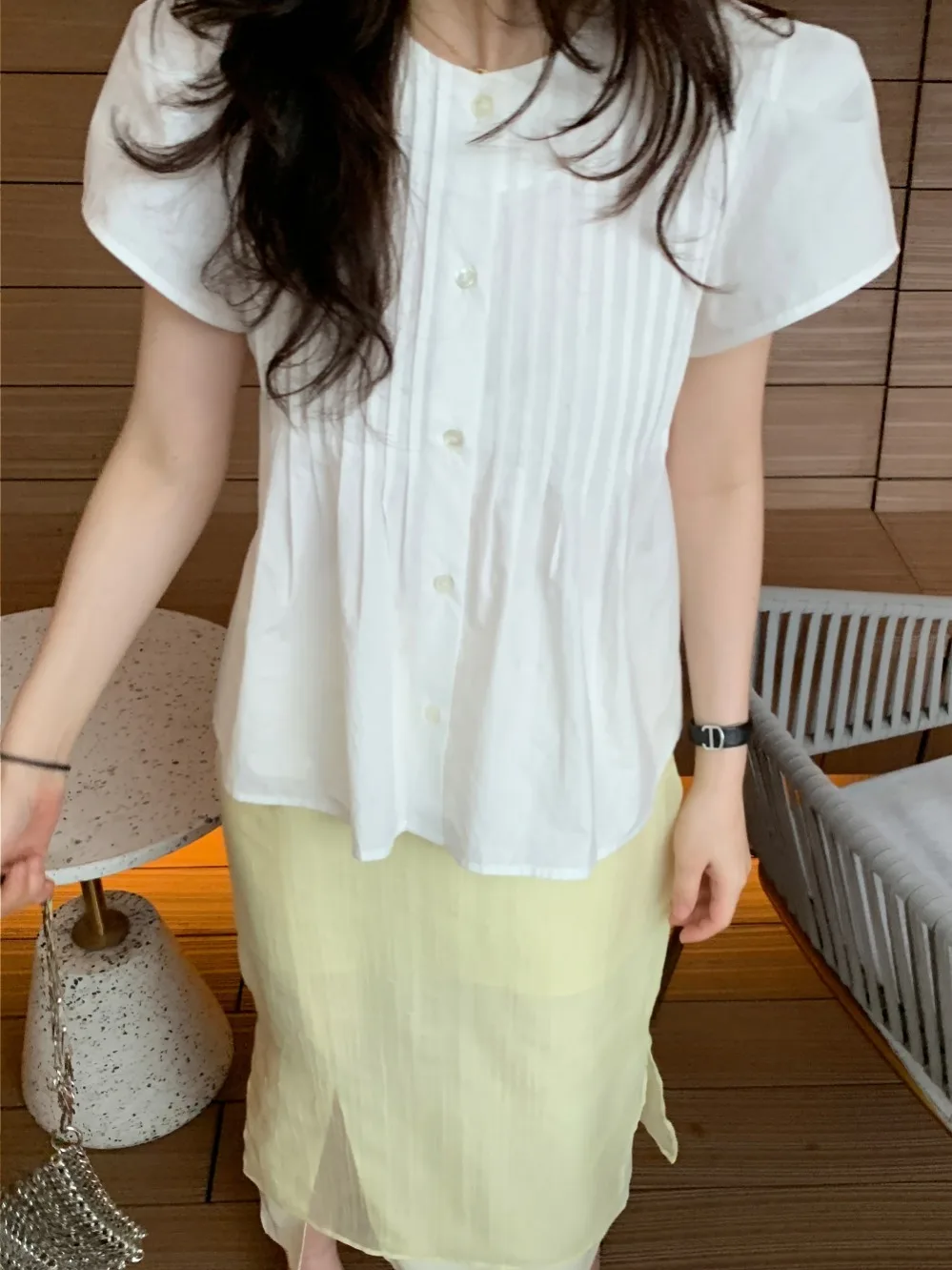 Ele Summer round Ne Single Button Design pieghettato Allentato ort Sve irt Top casual versatile e versatile da donna