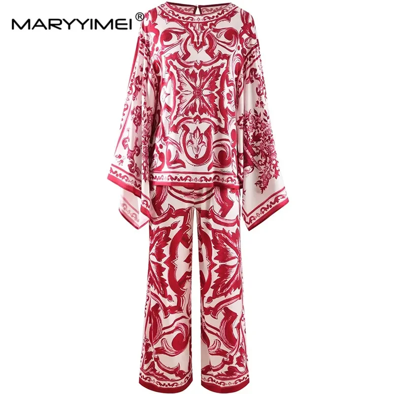 

MARYYIMEI Autumn Fashion Vintage Suit Batwing Sleeve Loose Fitting Top＋Wide Leg Pants Vintage Printed Two Pieces Set