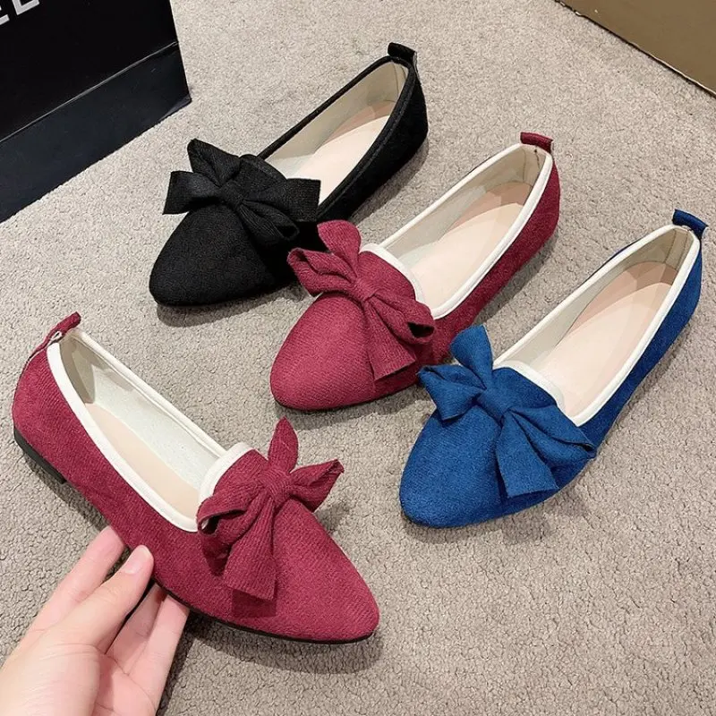 New Women High Quality Moccasin Shoes Flock Slip-ons Pointy Toe With Big Bow Plus Size 35 - 42 Wide Fitting Flats Sole Fashion