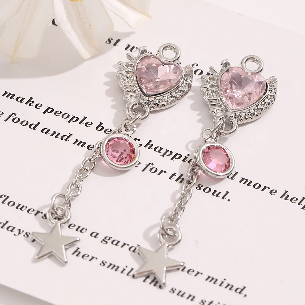 5PCS Edelstahl Rosa CZ Geflügelte Herz Stern Baumeln Charms DIY Handgemachte Geschenk Schmuck Anhänger Groß Großhandel Zubehör