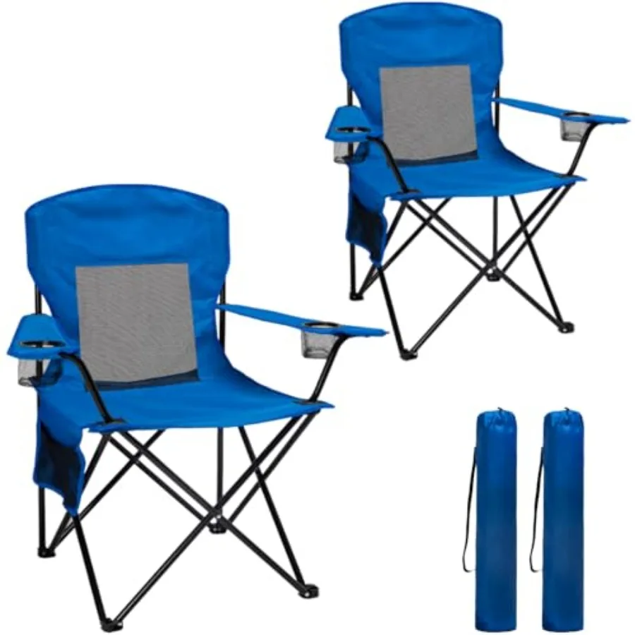 

Набор из 2 складных портативных кресел для кемпинга на открытом воздухе, выдерживающих до 136 кг, с охлаждающей сетчатой спинкой и 2 подстаканниками