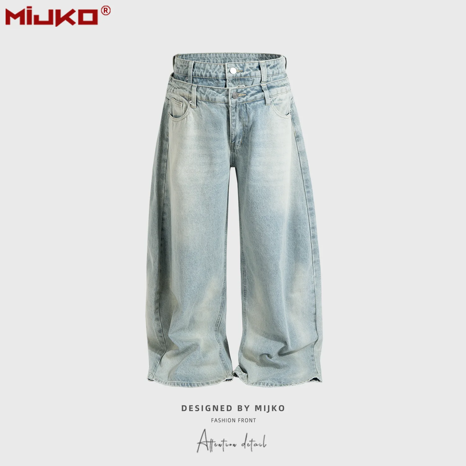 MIJKO Unisex Double Waist Design Jean Washed Vintage Silhouette Stretchy Comfortable Fit Men's Women's Jeans G6892#