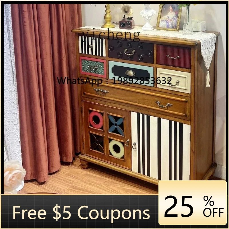 LYY . American Solid Wood Entrance Cabinet Vintage Balcony Locker Study Bedroom Storage Cabinet