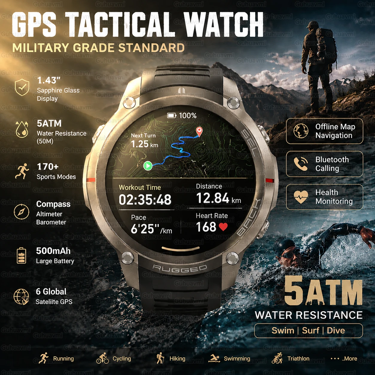 

2026New Military Grade GPS Smart Watch Sapphire Screen 5ATM Waterproof Compass Altimeter Bluetooth Call Outdoor Adventure Watchs