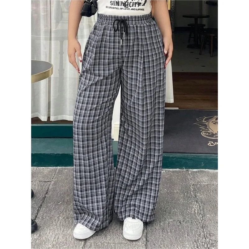 Plus Size Women's Summer Casual Checkered Wide Leg Pants Elastic Waistband Drawstring Loose Long Trousers Comfortable