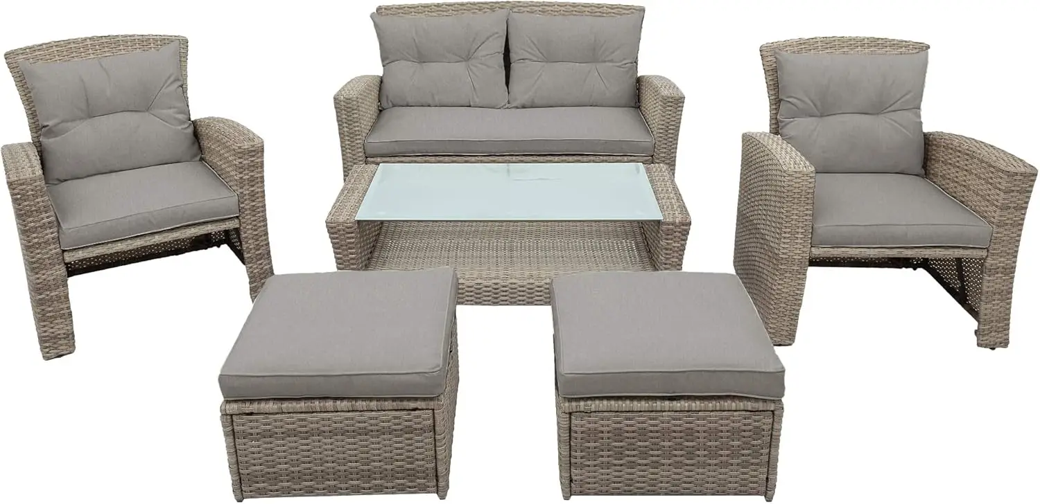 

4PCS Rattan Patio Furniture Sets,All Weather Outdoor Sectional Sofa Loveseat w/ Ottoman,Cushions&Table,Wicker Conversation Couch