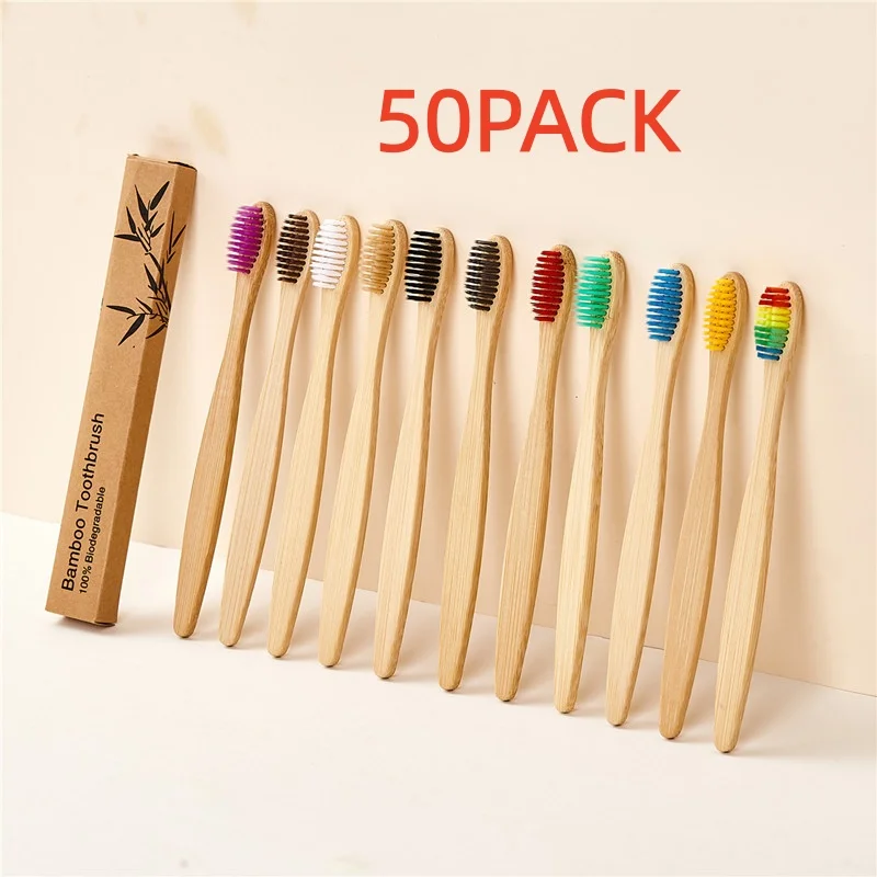 

50 упаковок биоразлагаемых бамбуковых зубных щеток для взрослых, мягкая щетина без BPA, экологически чистая натуральная органическая деревянная зубная щетка