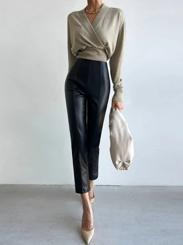 PU Autumn Winter Leather Pencil Pant Women Bodycon Fashion Office High Waist Ladies Trousers Casual Woman Pants