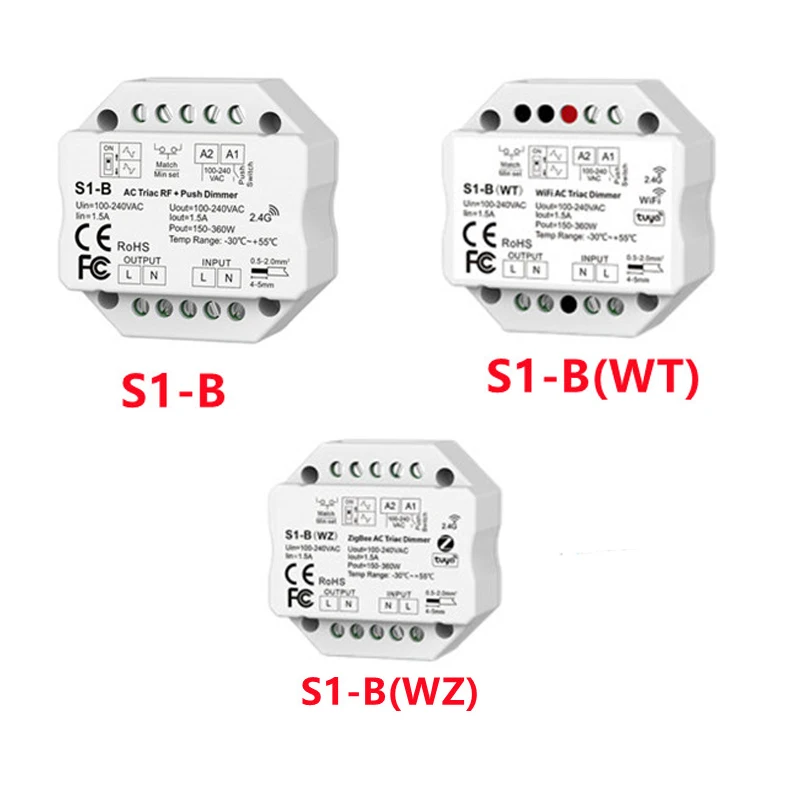 Regulador Triac Zigbee / WiFi / RF de un solo color, controlador LED RF de 2,4G, S1-B CH * 1.5A RF + atenuador de corte de fase AC de empuje