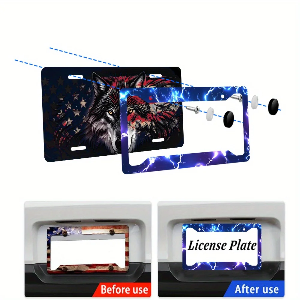 Set of 2 Blue Designed 4-Hole License Plate Frames Made of Stainless Steel Measuring Includes Screws Vintage Style Car