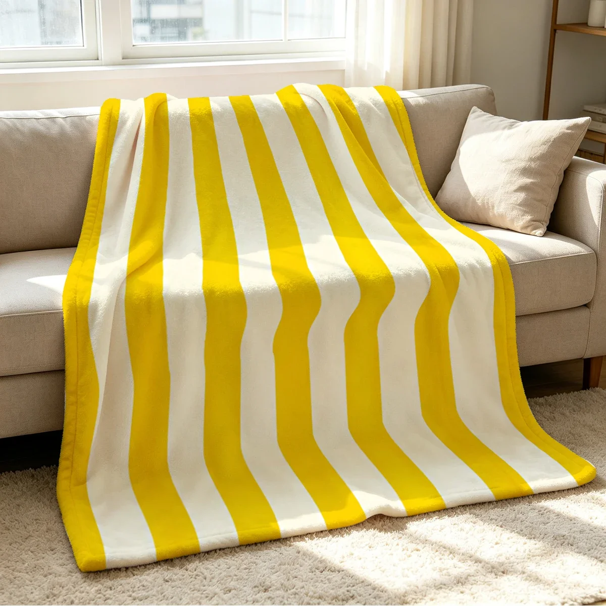 Chunky Knit Yellow and White Stripe Throw Blanket Cozy Sofa Bedding for Living Room Decor