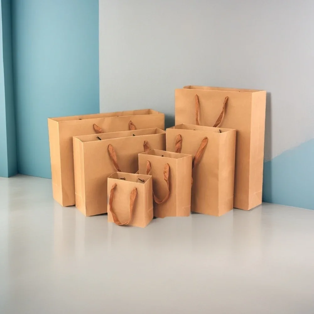 50Pcs Kraft Paper Bag with Handle Tote Tea Tobacco Alcohol Packaging Paper Bags Thickened Packing Clothing Shopping Gift Pouches