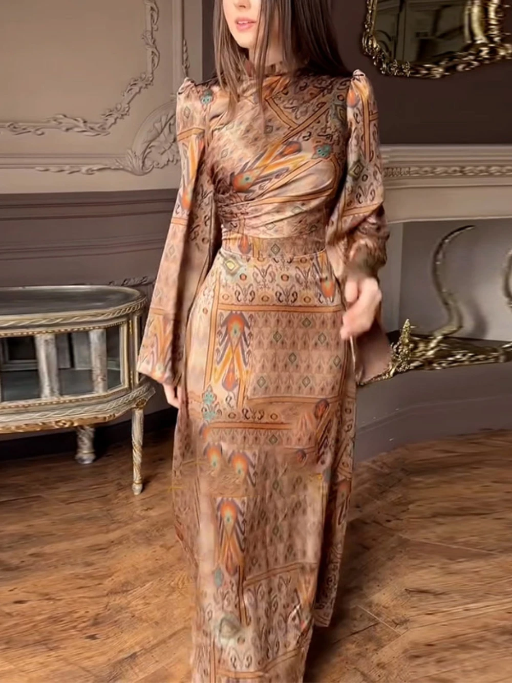 Hermosa impresión una línea vestido de noche clásico mangas acampanadas escote alto elegante gran oferta S-2XL vestido de fiesta Casual fecha fiesta
