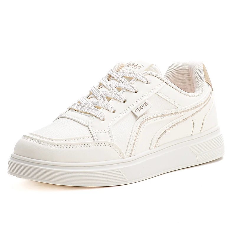 Women's White Leather Flat Walking Shoes for Students Casual Board Sneakers Comfortable Non-Slip Daily Trainers