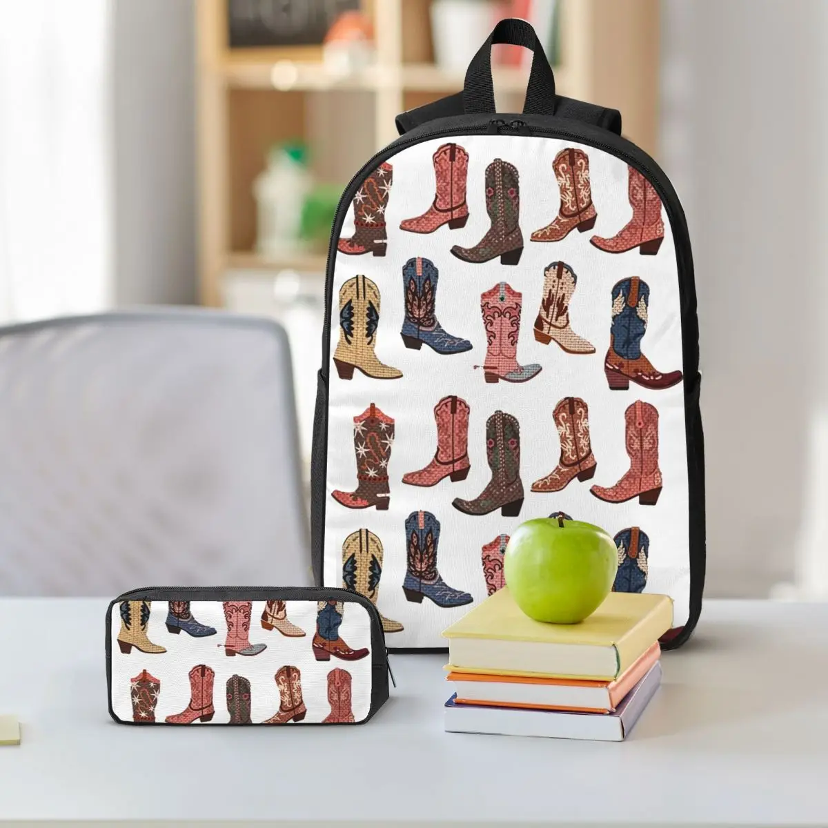 Western Style Boot Pattern Backpack Student BookBag School Bag Shoulder Bags 3ps Insulated Lunch Bag Pencil Case
