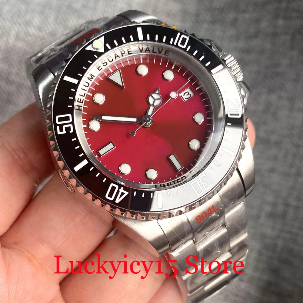 

BLIGER Fashional 43MM Watch NH35 MIYOTA PT5000 MIYOTA Sterile Red Dial Automatic Men Watch Steel Band Rotating Bezel Screw Crown