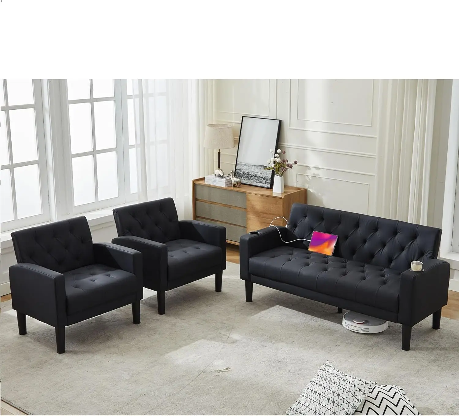 

Mid- Modern Tufted Bla Faux Leather Loveseat Sofa Set W/ 2 Usb & 2 Cupholders, 3 Piece Living Room Furniture Sets, Small Love