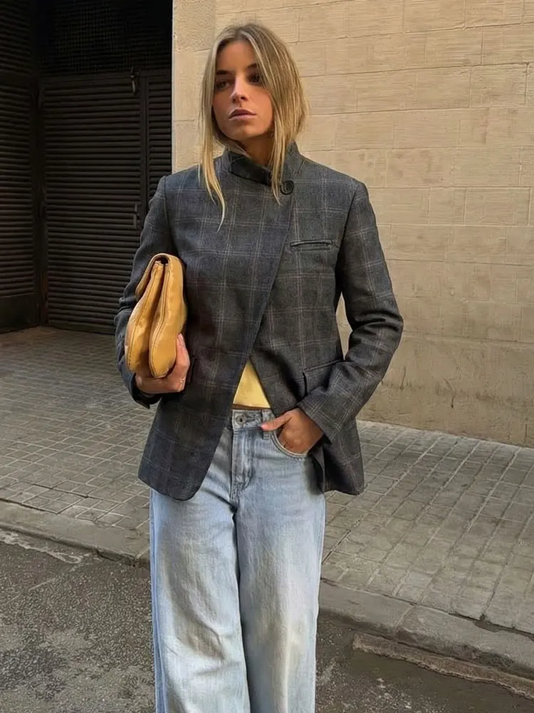 HH 2026 Spring Blazer For Women Fashion Plaid Suit Coat Stand Collar Single Button Long Sleeve Jacket Female Fashion Streetwear