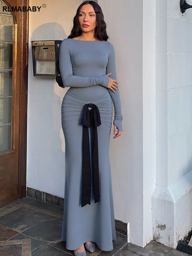 RLMABABY أنيقة س الرقبة طويلة الأكمام Ruched القوس المرأة Bodycon فستان طويل موضة نحيل مثير الدانتيل يصل الخريف الأزرق فستان ماكسي