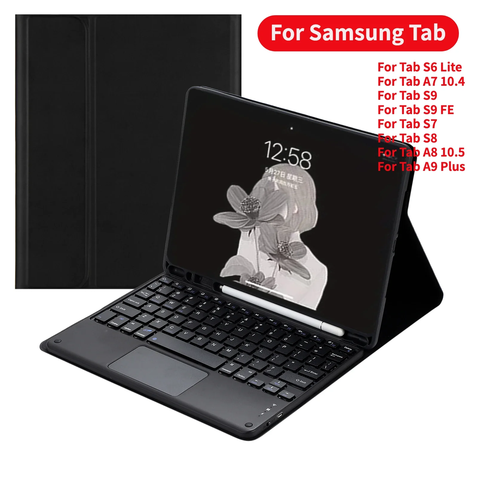 Keyboard Case for Samsung Galaxy Tab S7 S8 S9 FE Plus, Wireless Bluetooth Keyboard Case Tab A7 A8 A9 S6 Lite 10.5 Pencil Slot