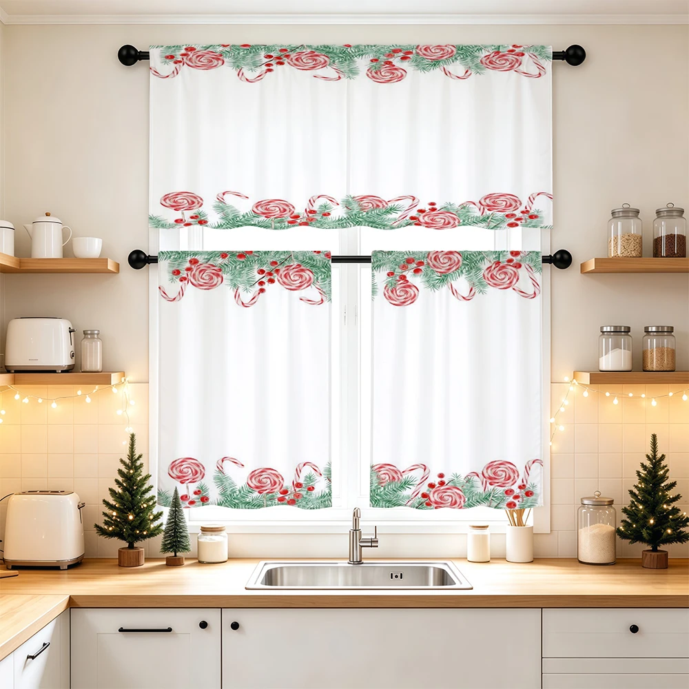 Christmas Kitchen Curtains, Pine Peppermint Swirl Berry, Digital Print, Kitchen Dining Room, Rod Pocket Polyester, Home Decor