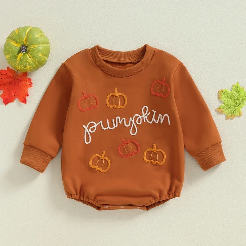 0-18 Months Baby Halloween Romper Witch Pumpkin Letter Embroidered Long Sleeve Round Neck Bodysuit Newborn Fall Clothes