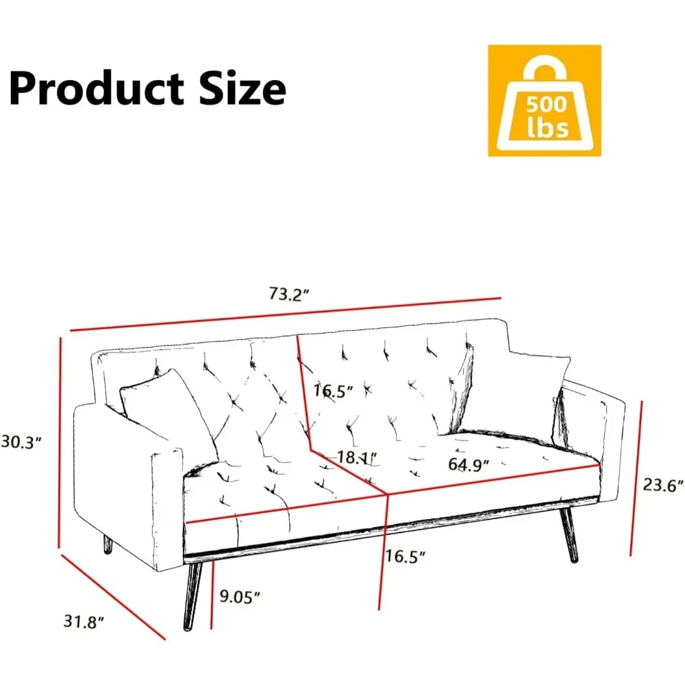 Futon de canapé-lit moderne en velours de 73 pouces, dossier réglable à 3 angles, causeuse avec 4 pieds en métal doré, canapé-lit convertible