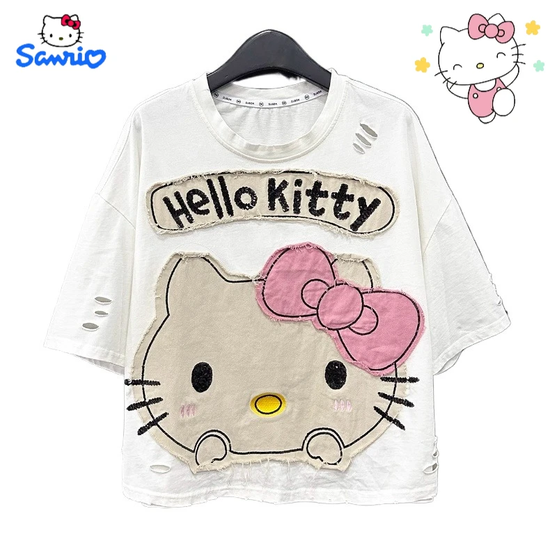 

Sanrio Hello Kitty Cartoon Cute T-shirt Creative Kawaii Girls Sweet Summer Cotton Loose Plus Large Short Sleeve Gift Wholesale