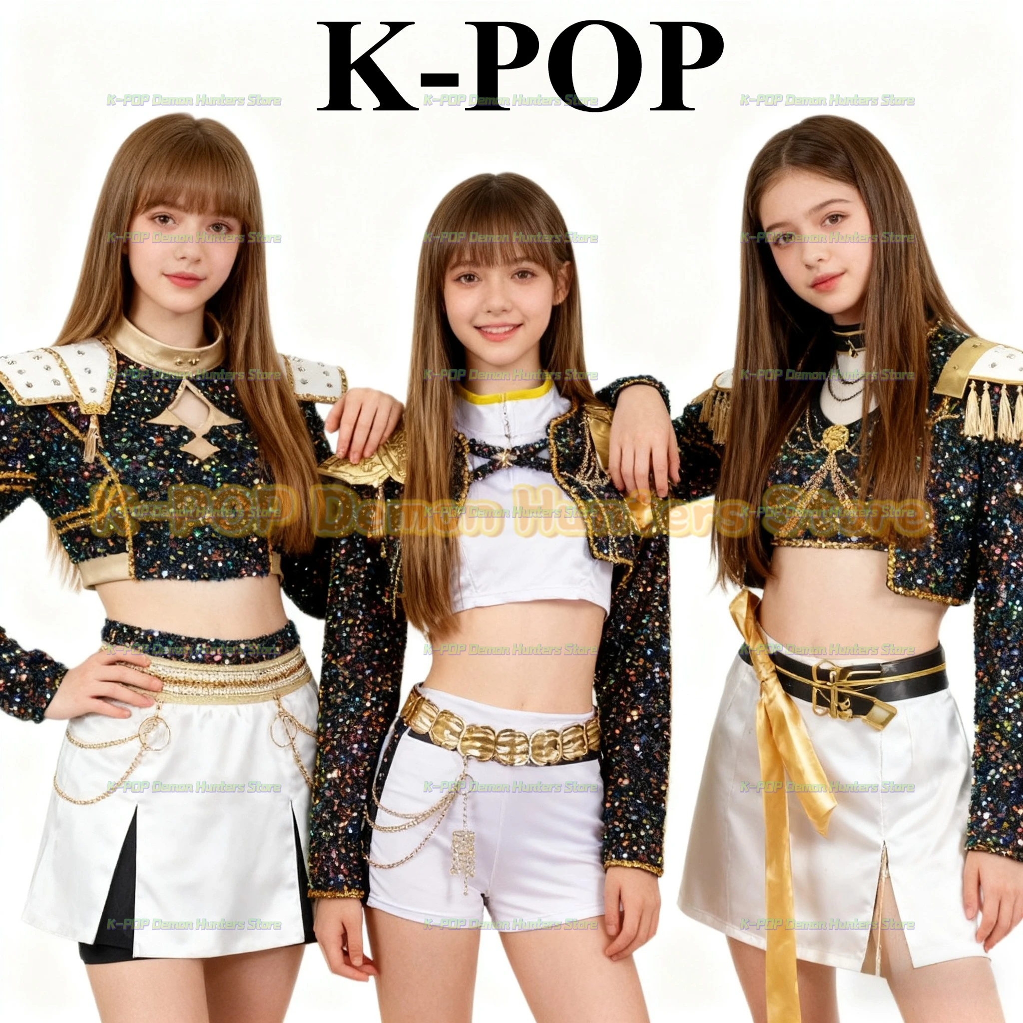 

New Kpop Demon Hunters Rumi Mira Zoey Black Gold Set for Halloween Party Role Playing Costumes for Girls, Adults and Children