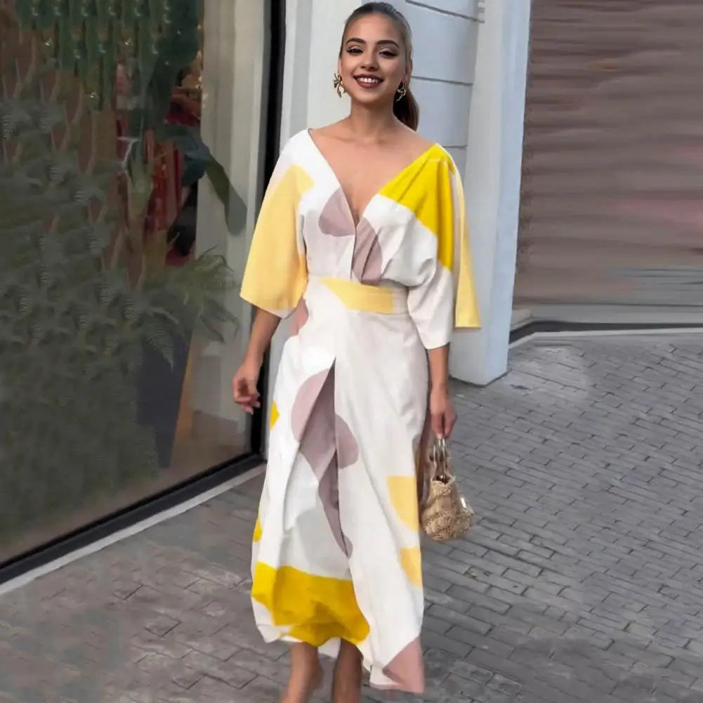 Women Printed Maxi Dress Stylish Colorblock Printed Maxi Dress for Women V Neck High Waist Off Shoulder Design for Prom