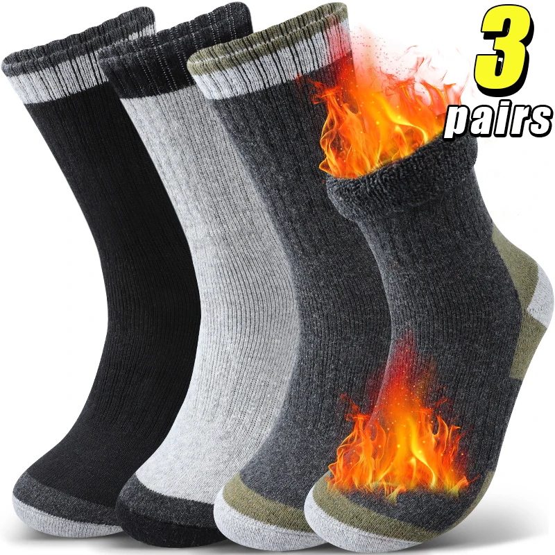 

3Pairs Thermal Ski Socks Men Solid Color Thick Hiking Crew Sock Anti-slip Sports Sock Ribbed Cuff Mid Tube Sock Outdoor Trekking