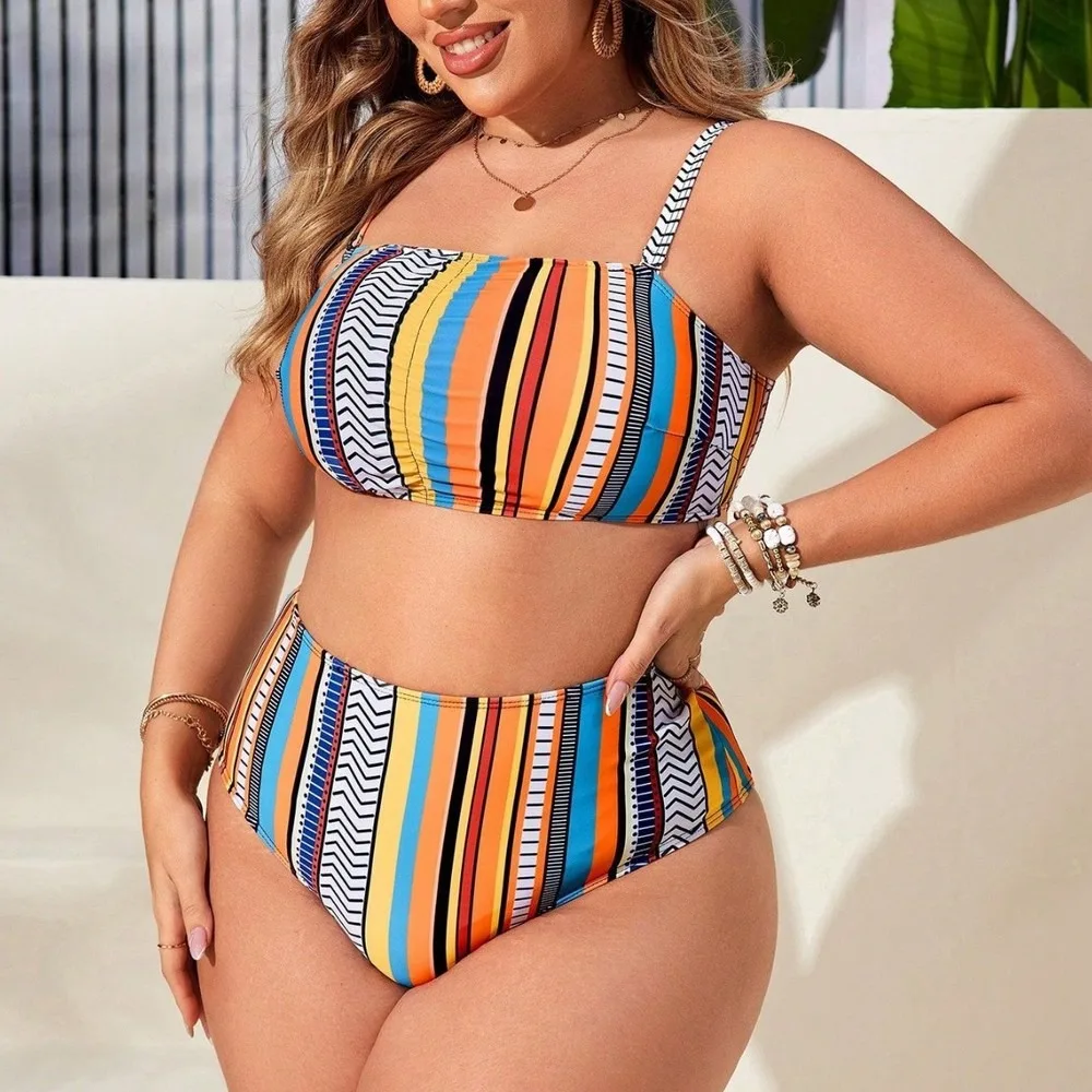 Women's Plus Size Striped Fringe Bikini Set 4 Piece With Sheer Beach Cover Up, High Waist Tummy Control Swimwear Tankini Swimsui