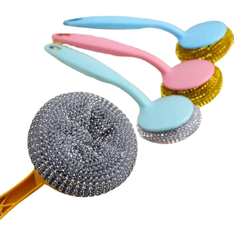 Steel Wire Ball Scrubber Dish Cleaning Brush Stainless Steel Long Handle Sponge Balls Cleaner for Washing Pot Dish Pan Bowl Tool