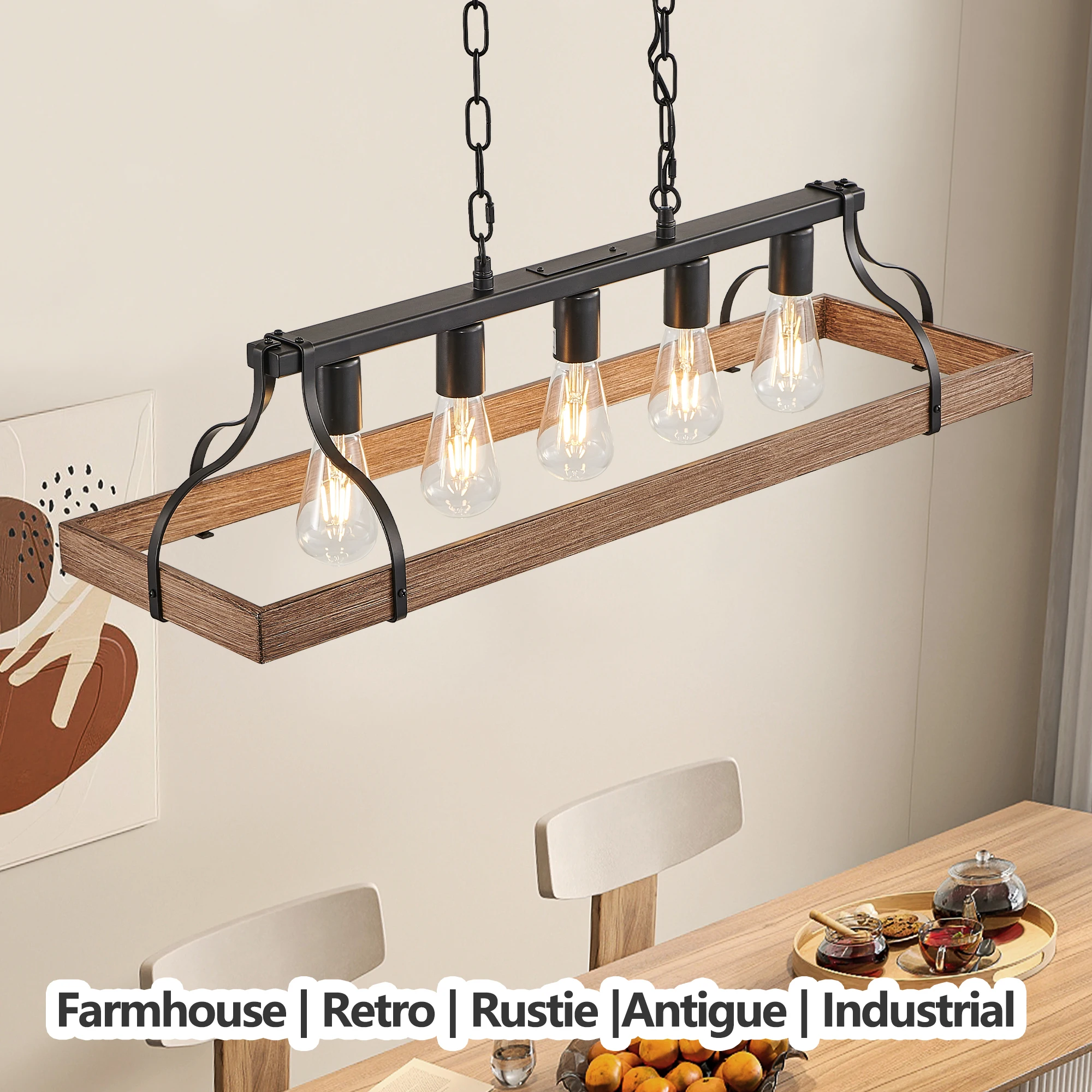 

Black and Faux Wood Grain Pendant Light, 5 E26 Bulb Sockets, Adjustable Chain Height Modern Farmhouse Chandelier(No Bulb)