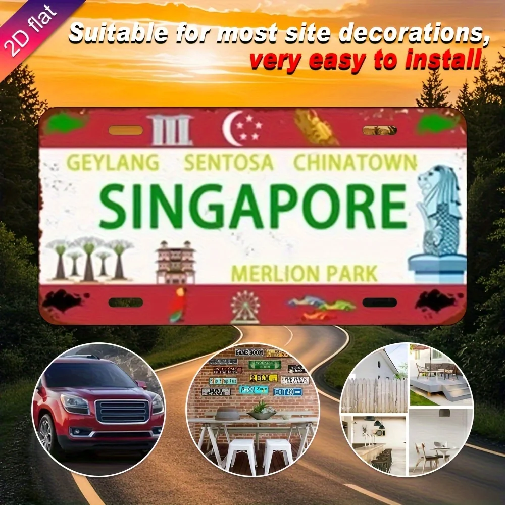 ، طائرة، لوحة ترخيص من الألومنيوم القديم - لوحة زخرفية مطبوعة بالأشعة فوق البنفسجية على شكل سنغافورة، تتميز بالأسد والتاون الصيني