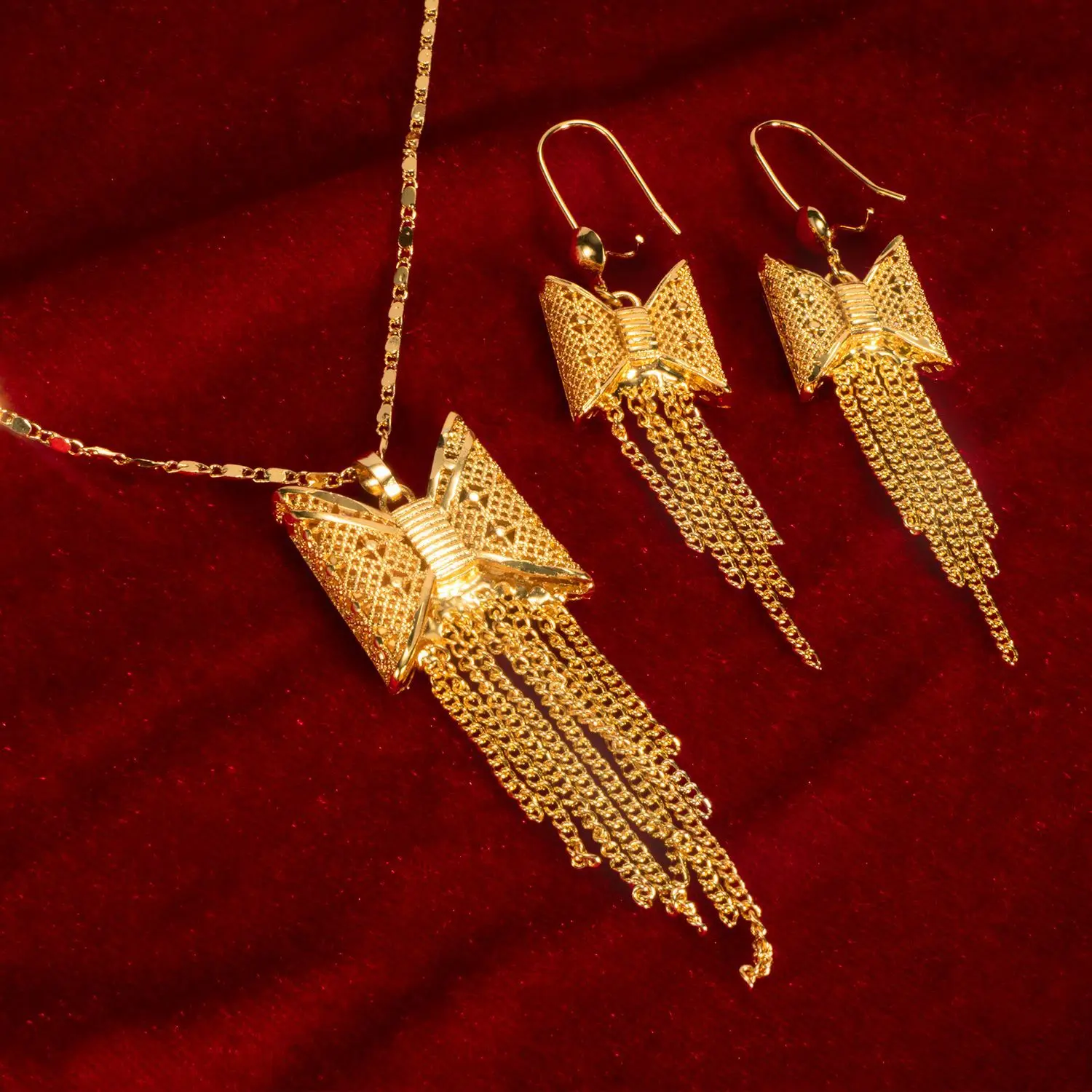 

24K gold-plated Dubai bow necklace earrings set Indian bride necklace jewelry set wholesale
