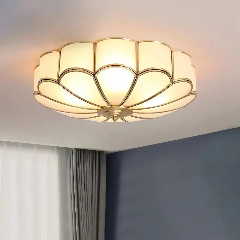 American All-copper Flower Shape LED Ceiling Lights White Glass Lampshade Modern Living Room Bedroom Kitchen Hotel Hanging Lamps