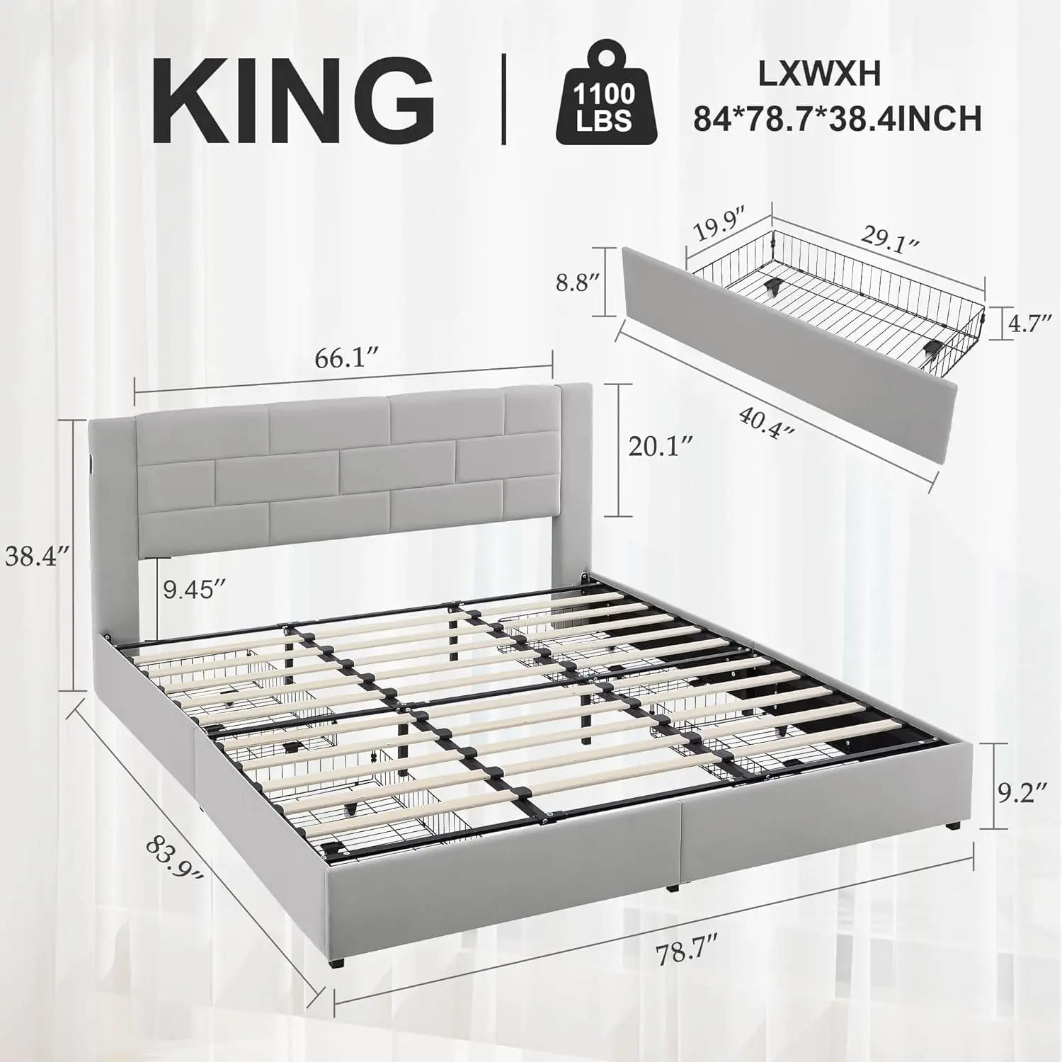 Vecelo King Upholstered Bed Frame With 5 Storage Drawers, With Type A & C Usb Charging Station And Velvet Headboard, No Box